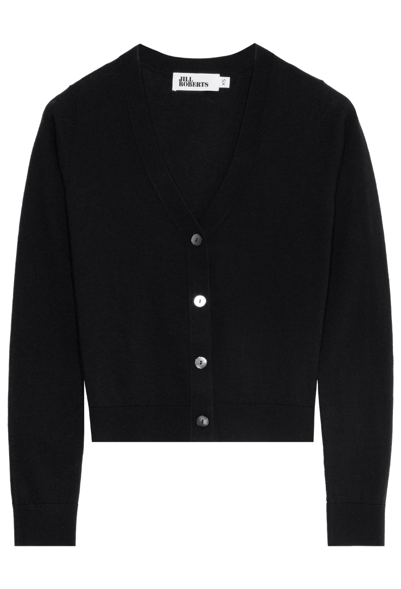 A black v-neck cashmere cardigan with four silver buttons. Transparent background.