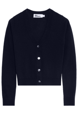 A dark blue v-neck cashmere cardigan with four silver buttons. Transparent background.