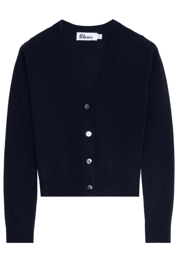 A dark blue v-neck cashmere cardigan with four silver buttons. Transparent background.