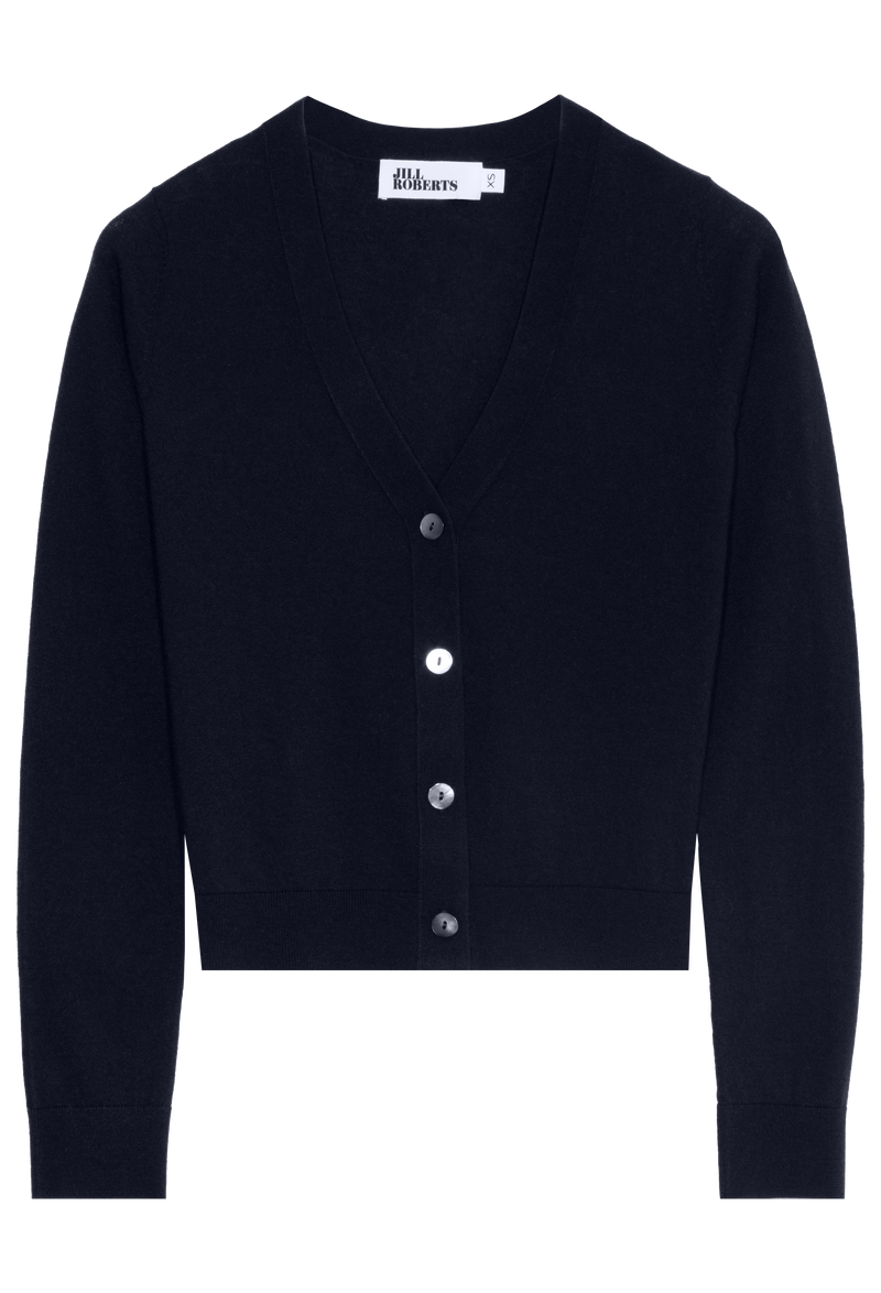 A dark blue v-neck cashmere cardigan with four silver buttons. Transparent background.