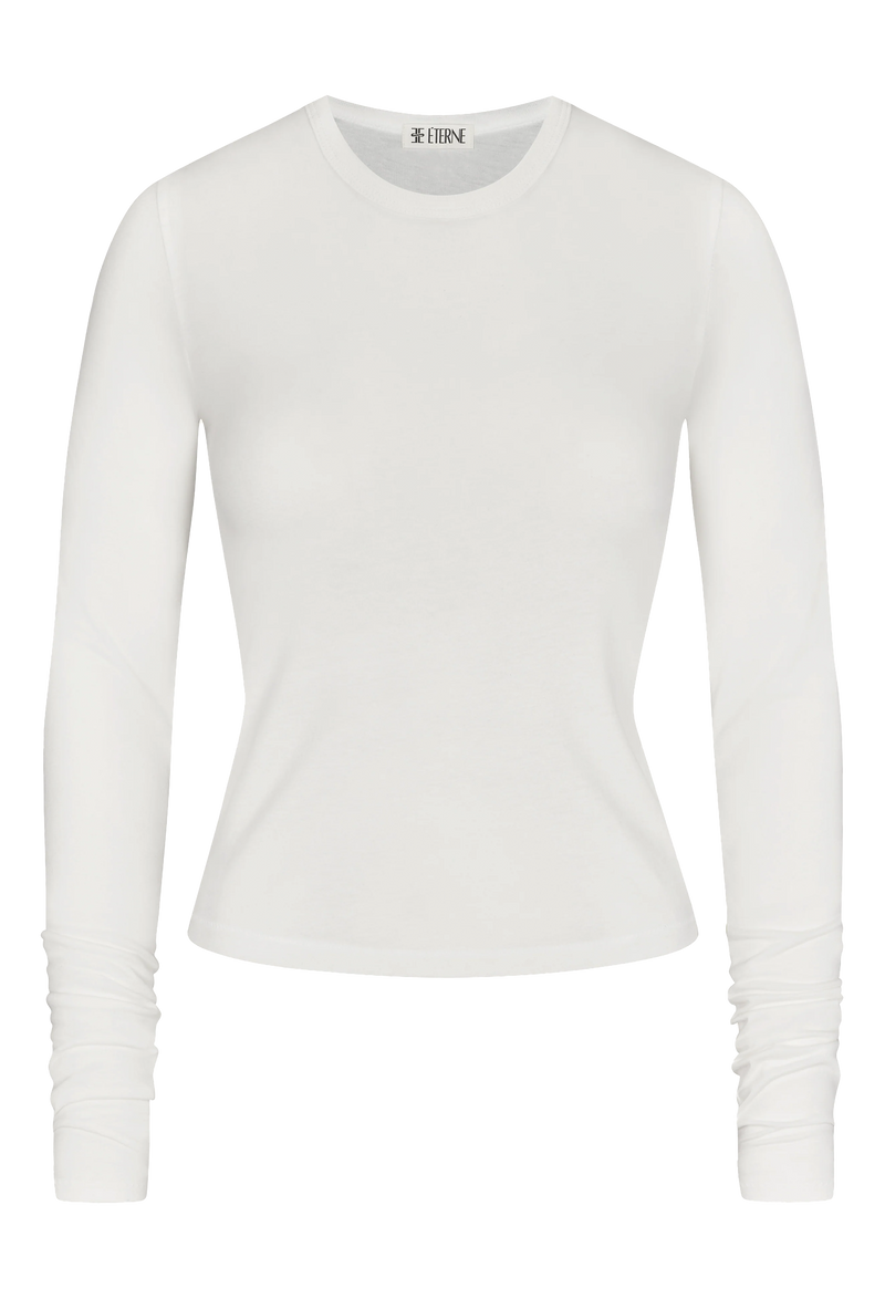 a white long sleeve fitted t-shirt. transparent background.