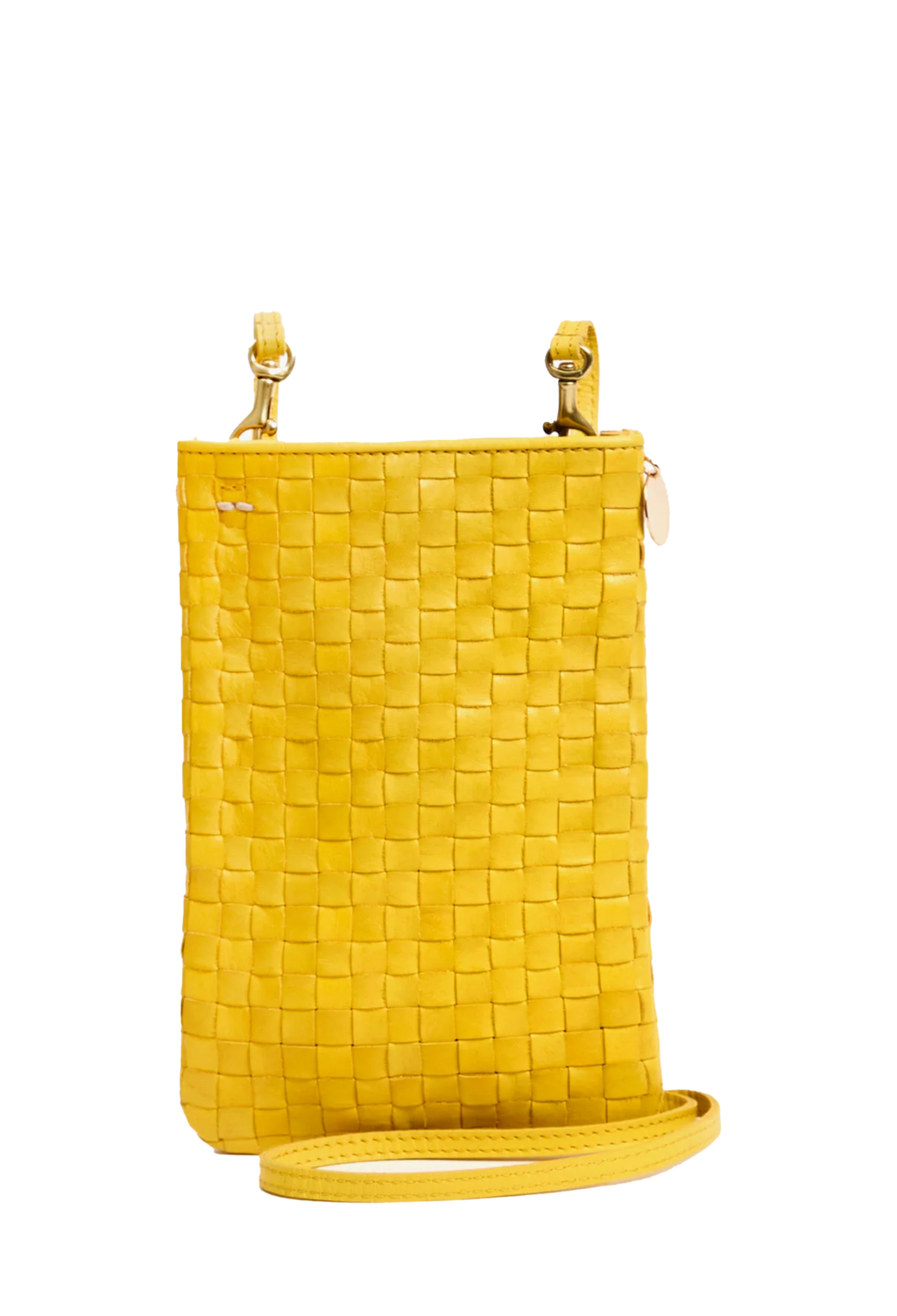 yellow woven phone pouch bag with strap. transparent background