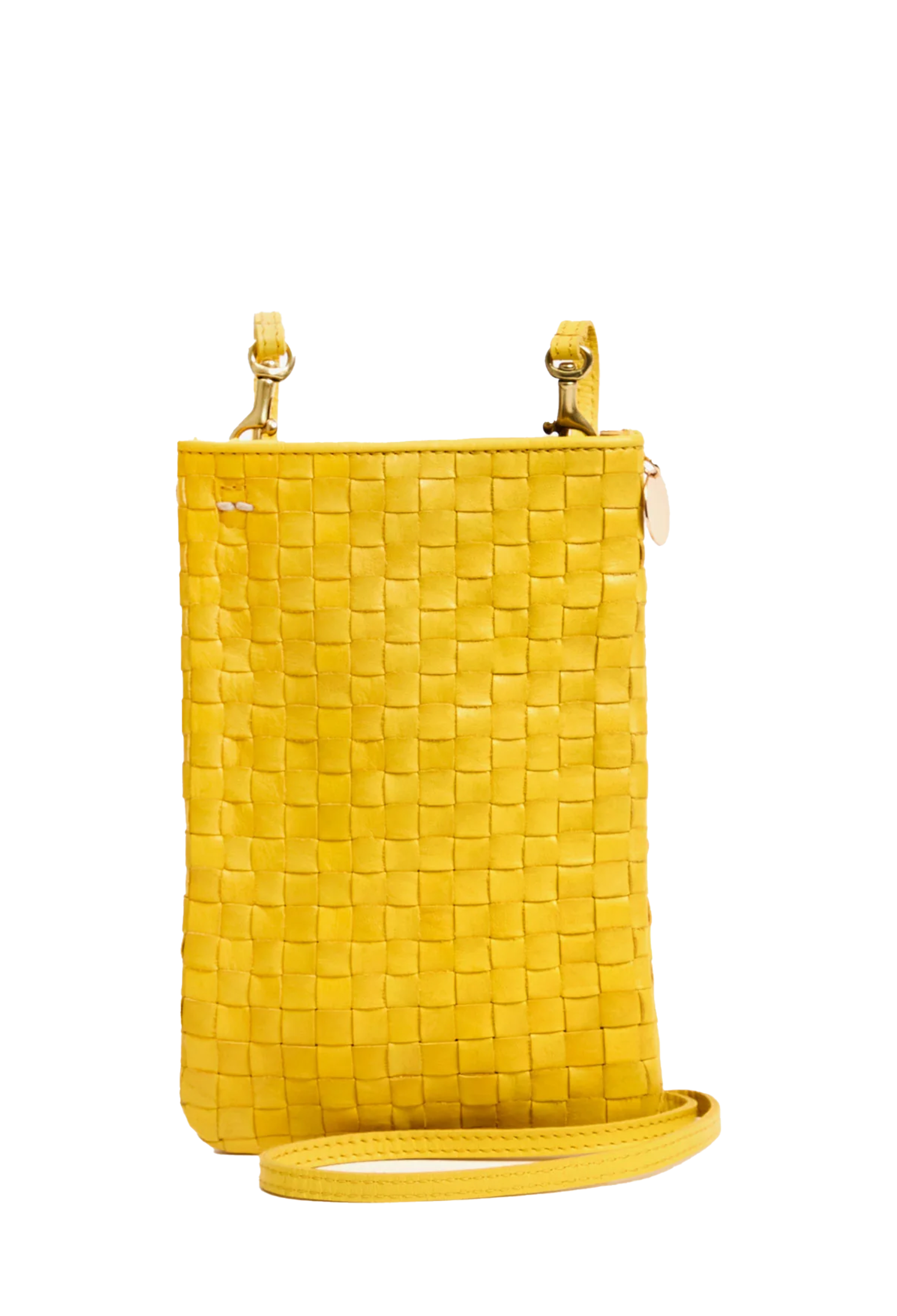 yellow woven phone pouch bag with strap. transparent background
