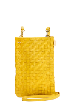 yellow woven phone pouch bag with strap. transparent background