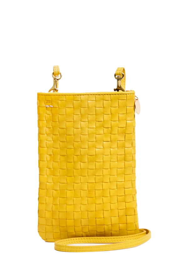 yellow woven phone pouch bag with strap. transparent background