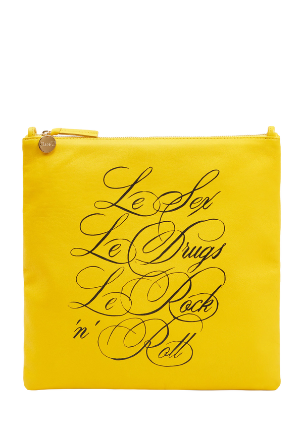 a square clutch bag with a zipper and le sex, le drugs, le rock 'n' roll printed in a fancy black font. transparent background