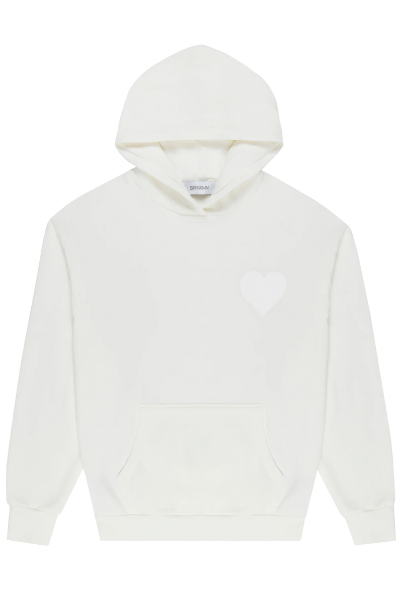 an off white hoodie with a white heart printed on the breast. transparent background