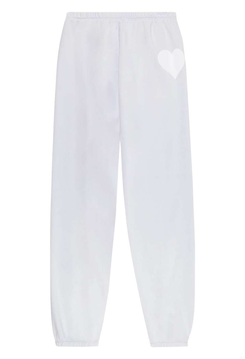 off white sweatpants with a white heart printed on the thigh. transparent background