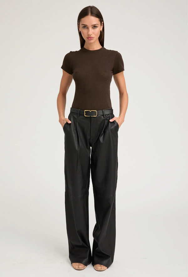 a woman wearing a dark brown baby t-shirt tucked into black pants. white background