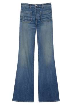 blue jeans with a flared leg and two patch pockets. transparent background