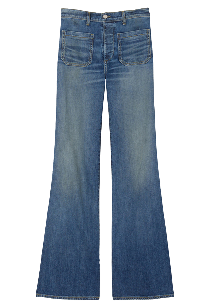 blue jeans with a flared leg and two patch pockets. transparent background
