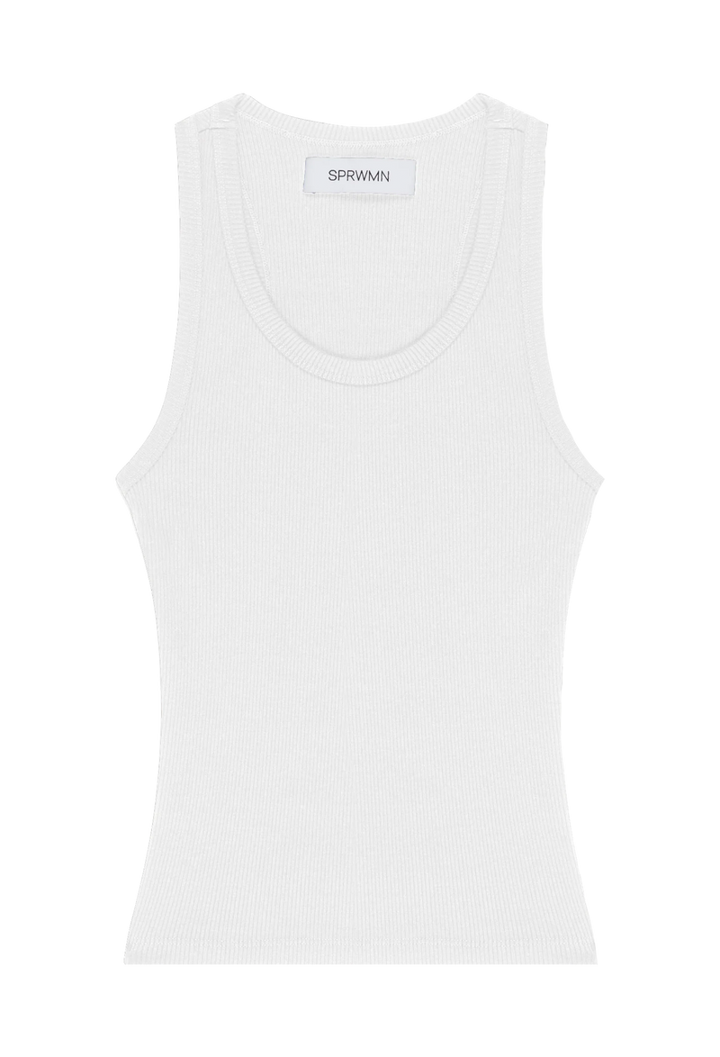 a scoop neck ribbed white tank top. transparent background