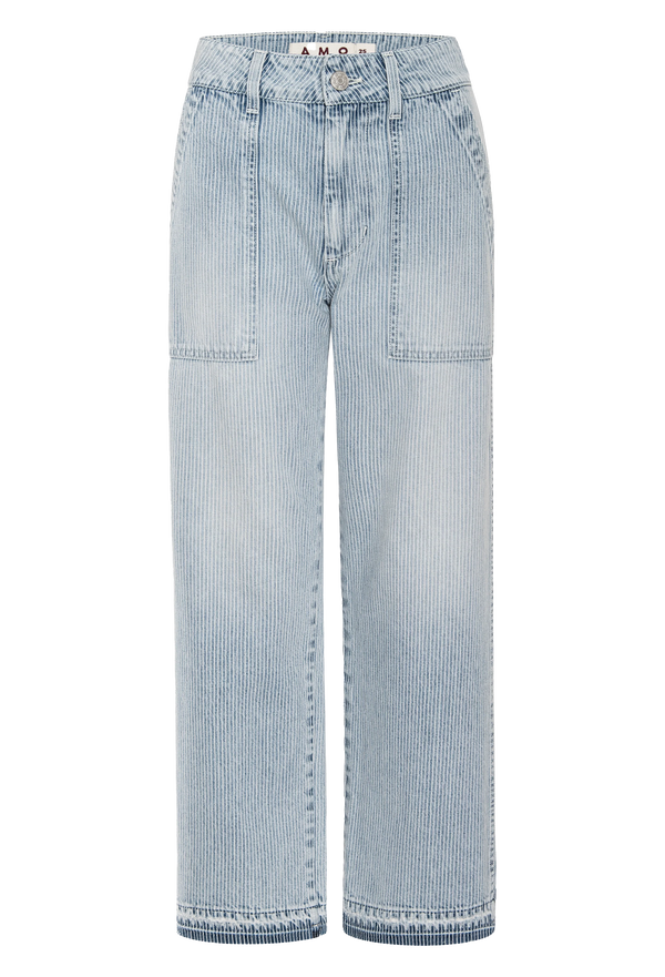 pinstriped light wash jeans with two deep patch pockets. transparent background