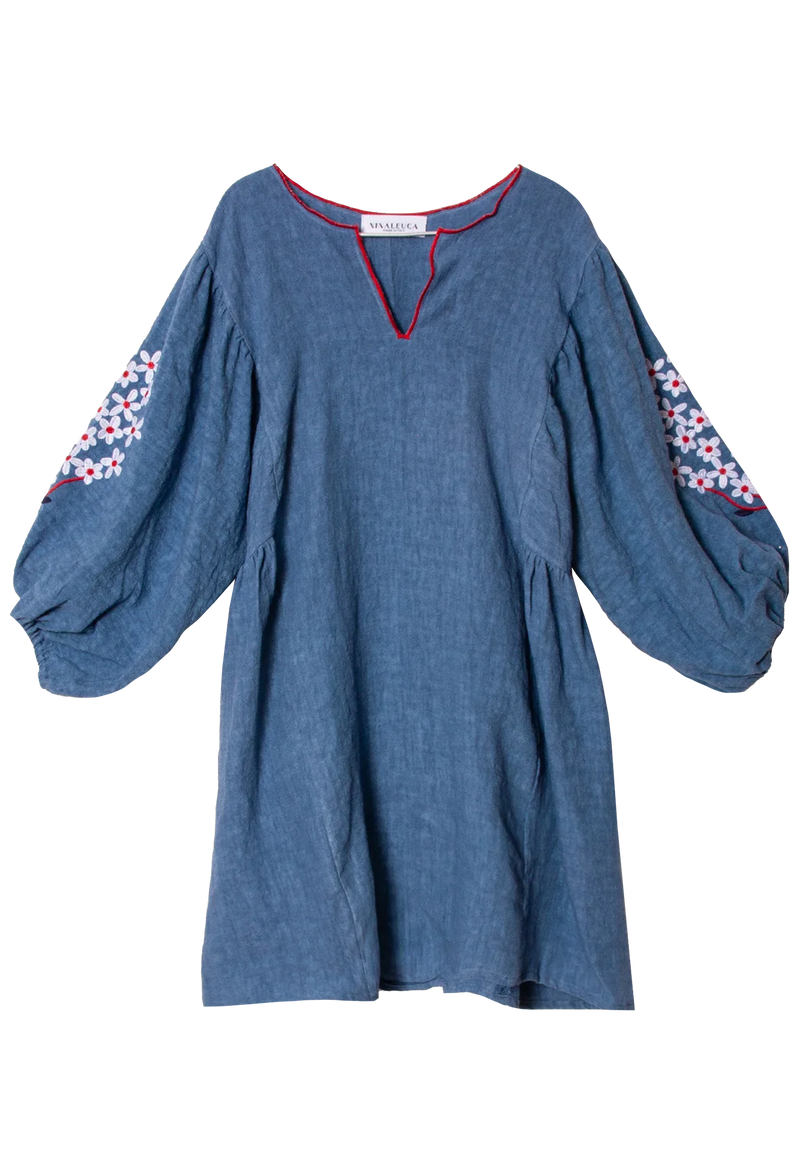 a blue v-neck mini dress with white/red floral embroidery on balloon sleeves. Transparent background.