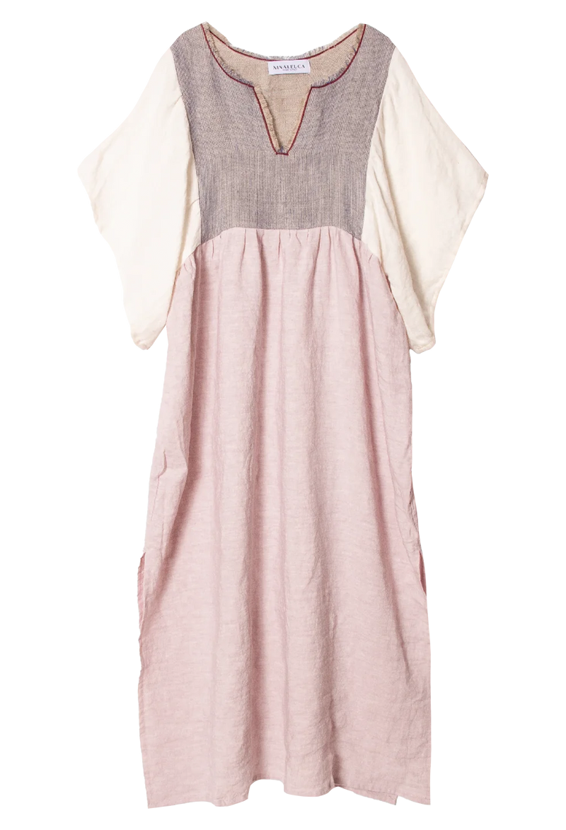 a midi dress with short cream batwing sleeves, a striped v-neck chest, and light pink skirt. Transparent background.