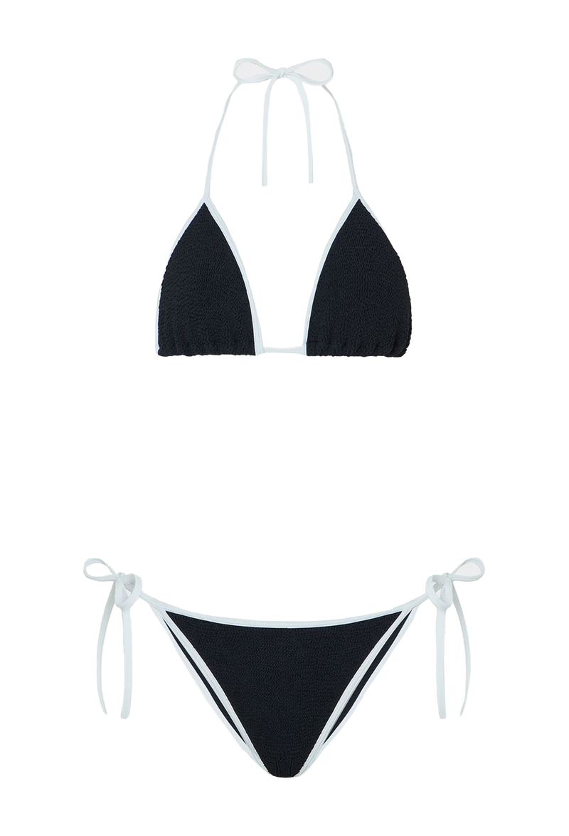 a black triangle string bikini with white borders. transparent background.