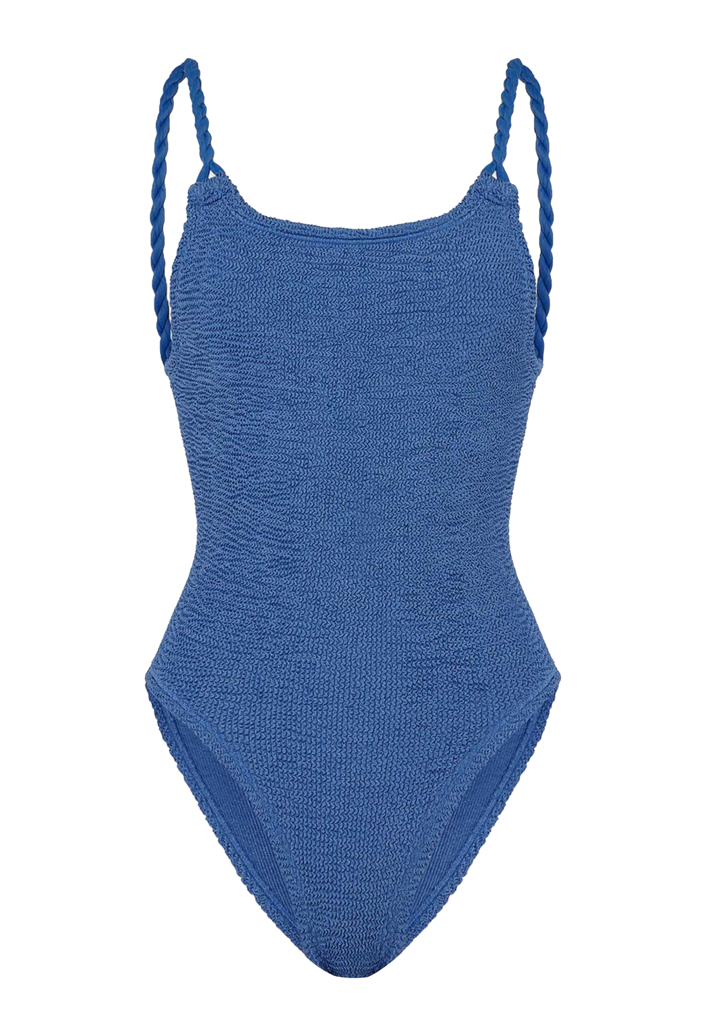 a metallic blue one-piece swimsuit with rope braid straps. transparent background.