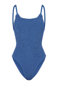 a metallic blue one-piece swimsuit with rope braid straps. transparent background.