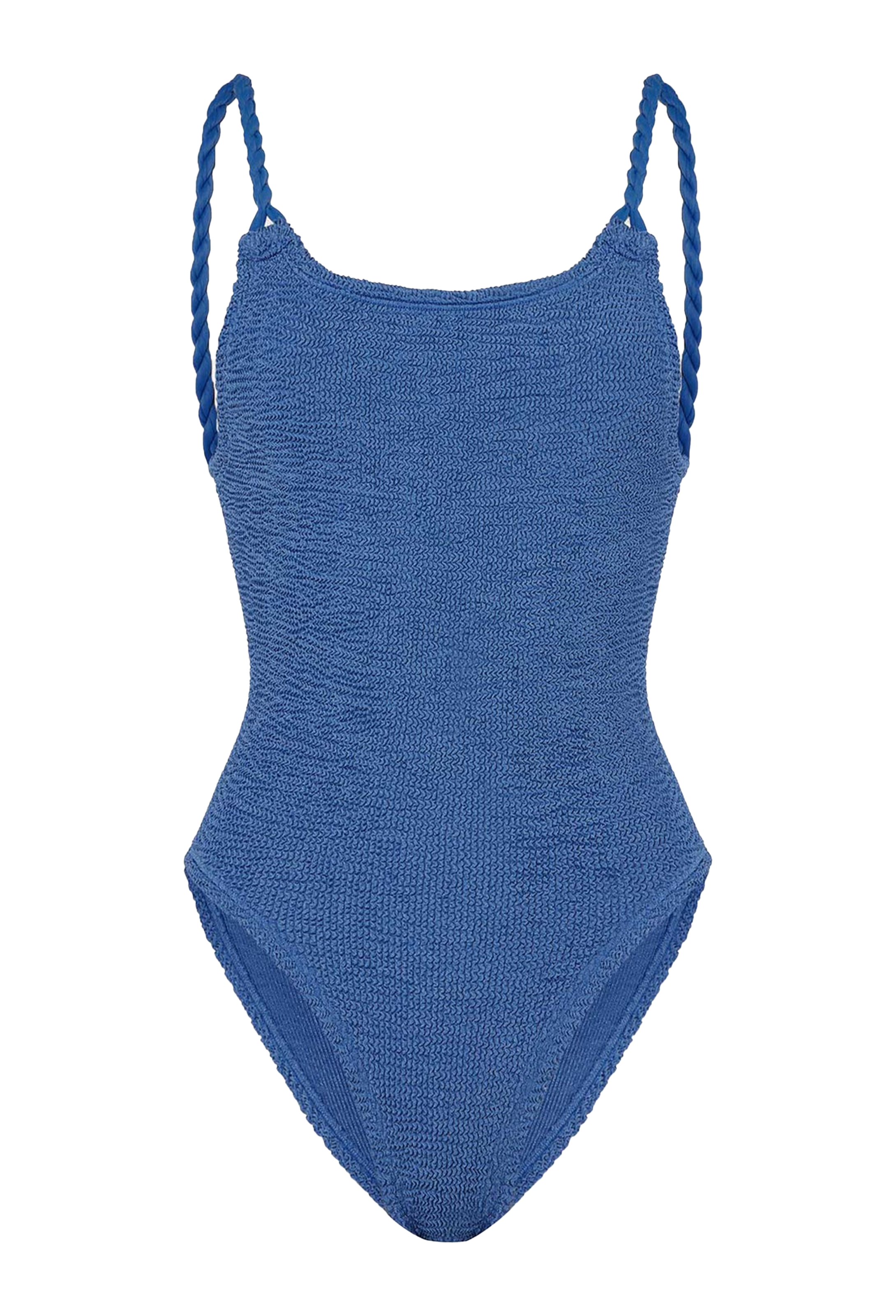 a metallic blue one-piece swimsuit with rope braid straps. transparent background.
