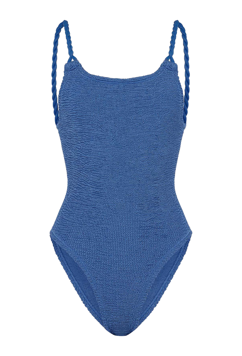 a metallic blue one-piece swimsuit with rope braid straps. transparent background.
