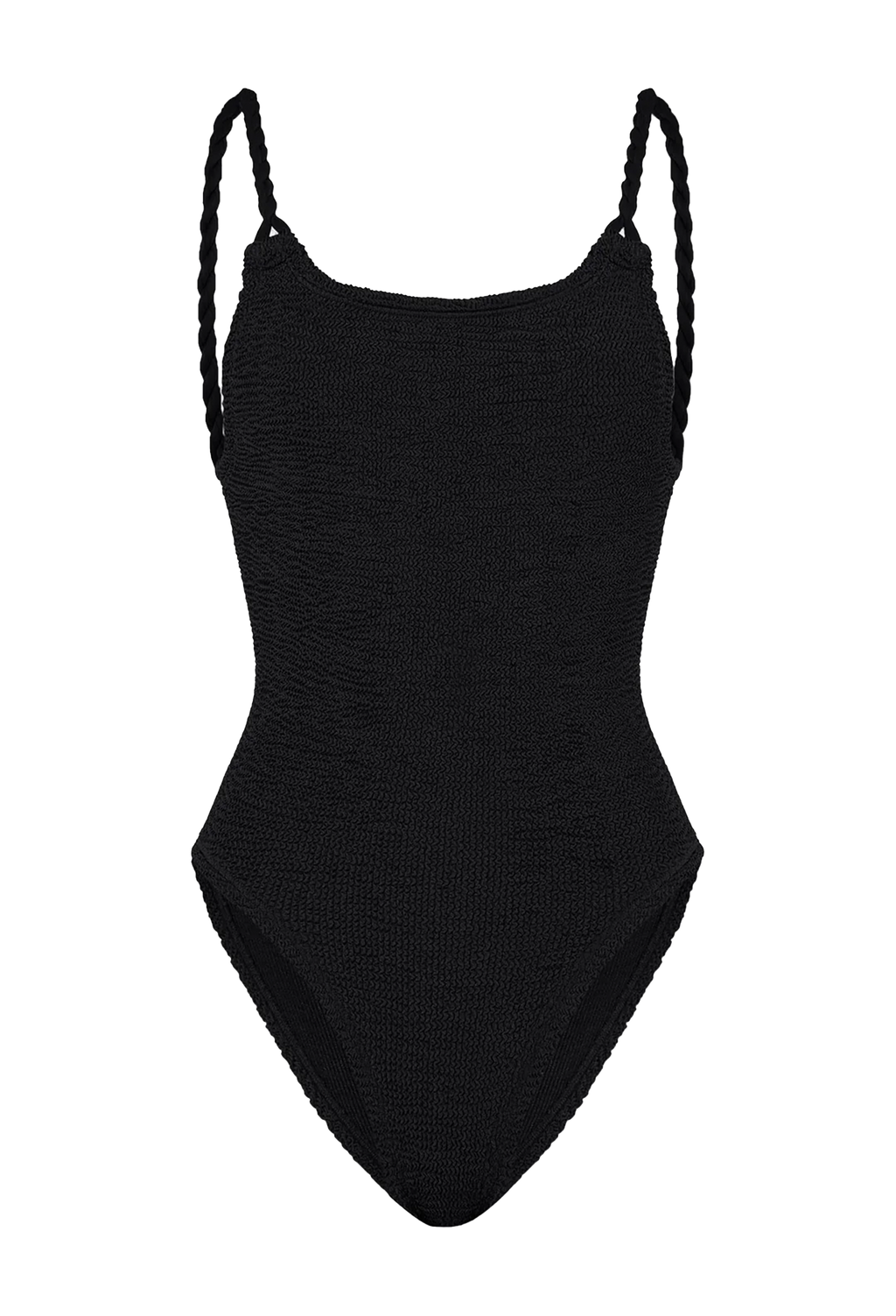 a black one-piece swimsuit with rope braid straps. transparent background.