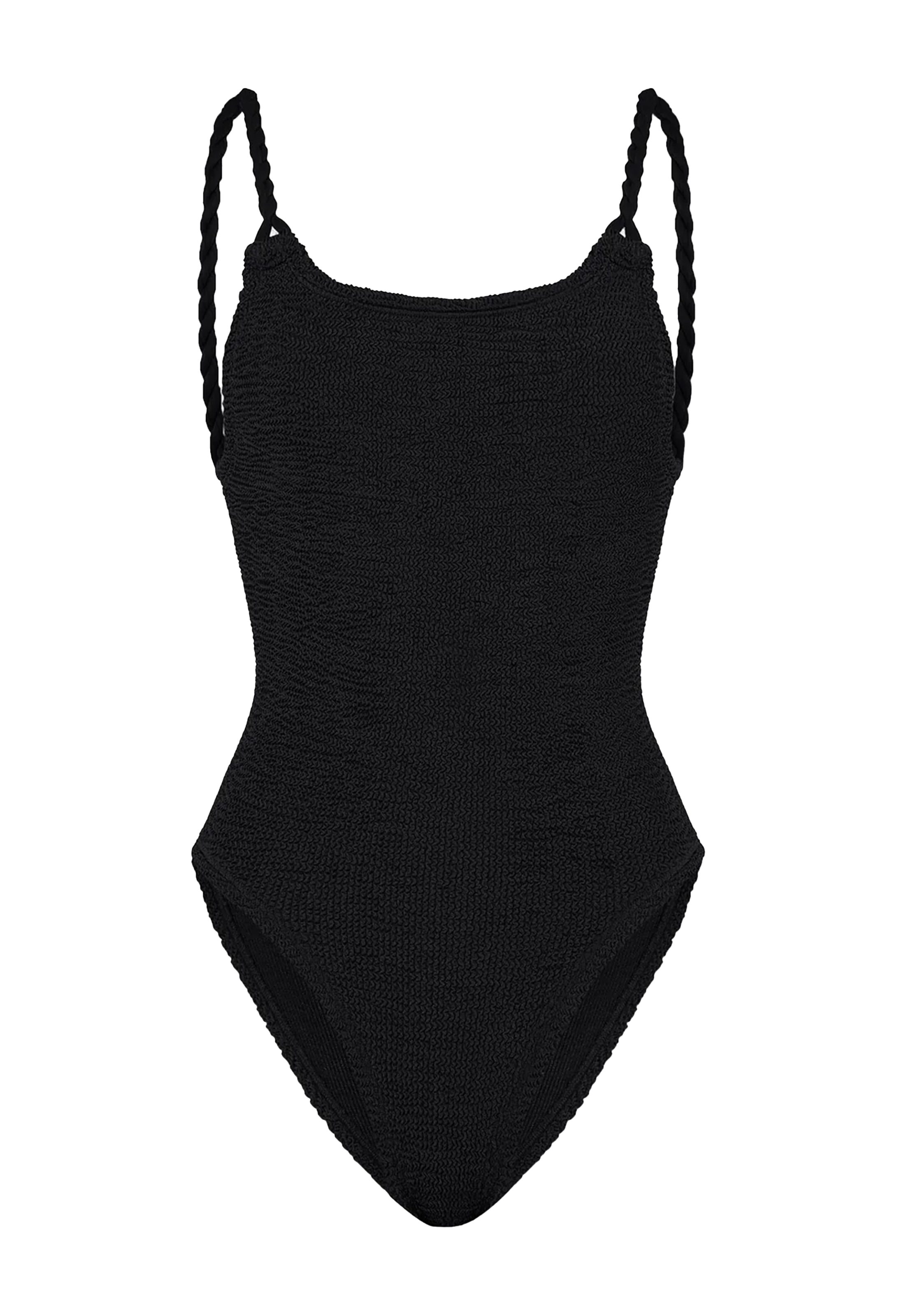 a black one-piece swimsuit with rope braid straps. transparent background.
