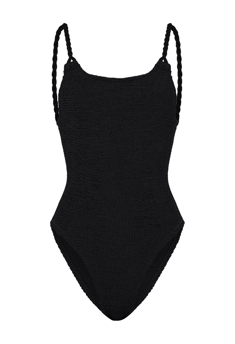 a black one-piece swimsuit with rope braid straps. transparent background.