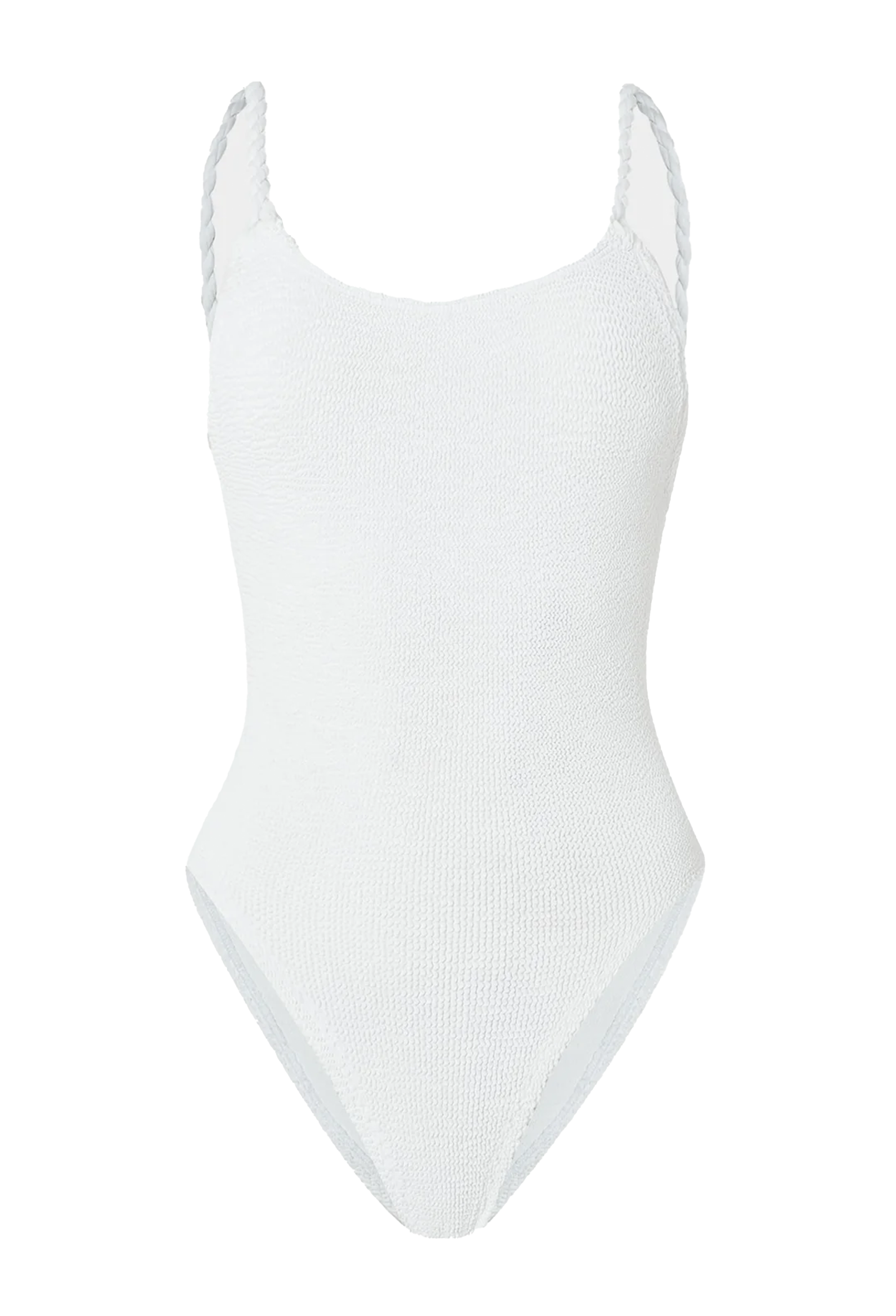 a white one-piece swimsuit with rope braid straps. transparent background.