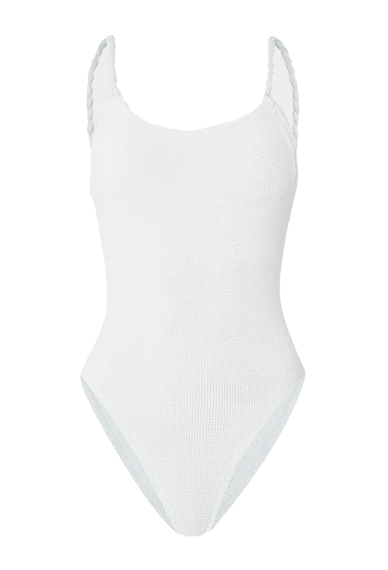 a white one-piece swimsuit with rope braid straps. transparent background.