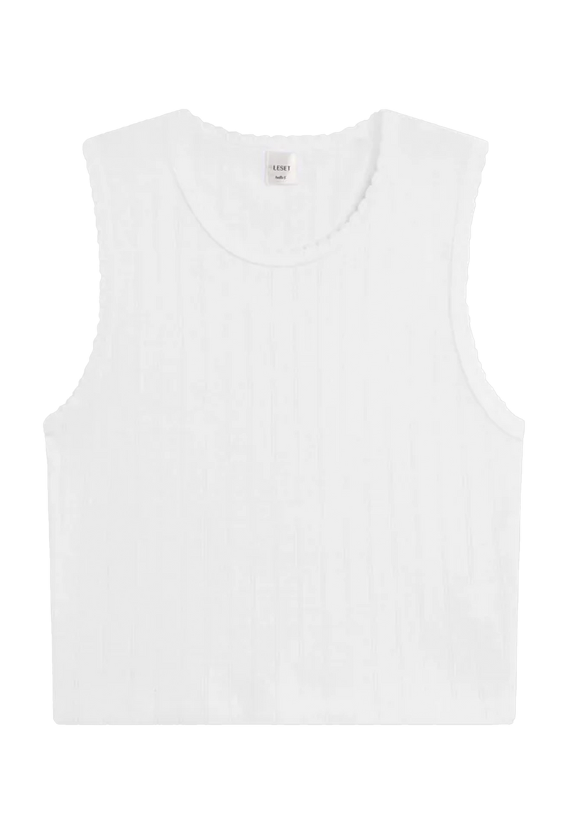 a white sleeveless pointelle cropped shirt. transparent background.