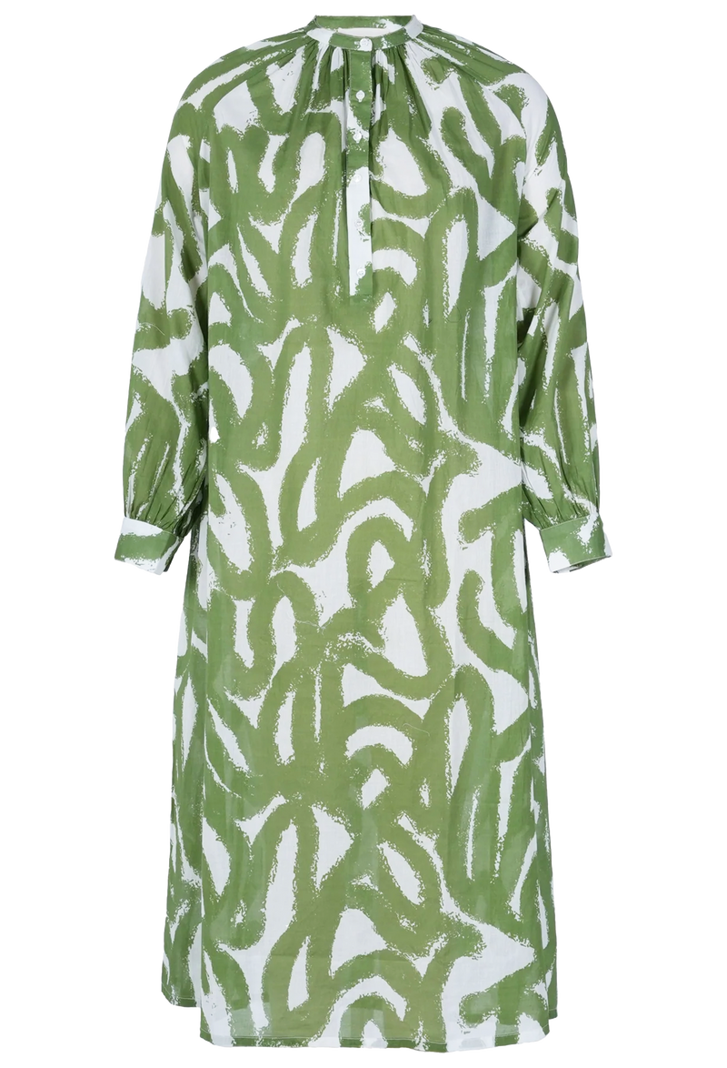 a white midi long sleeve button v-neck dress with a green scribble design. transparent background.
