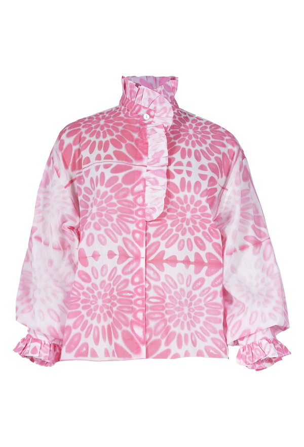 a white blouse with a pink floral print and a ruffled neck and sleeves. transparent background.