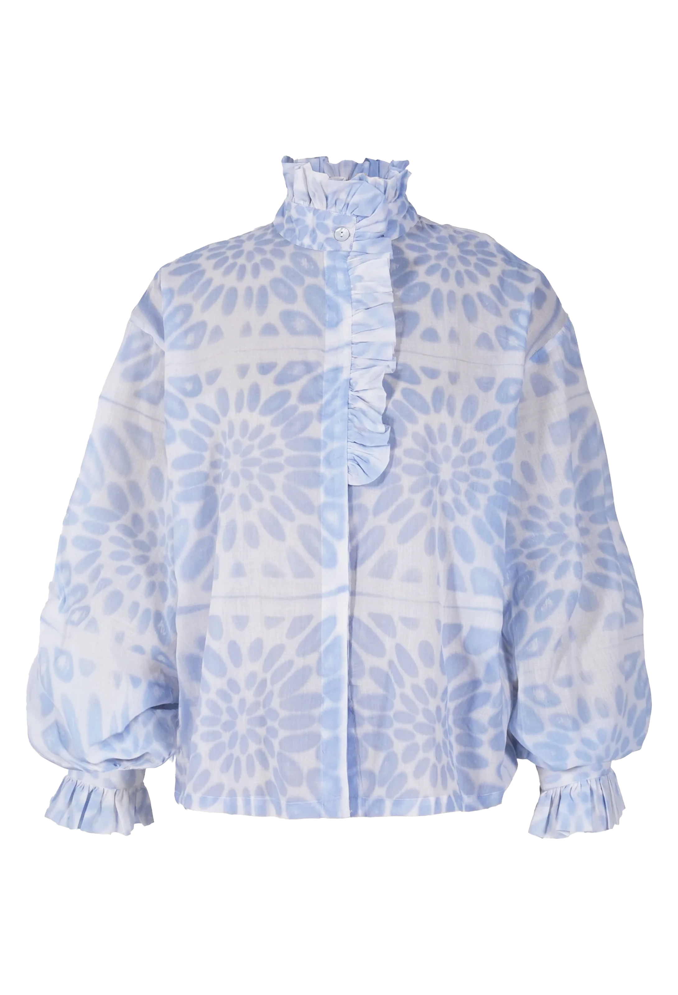 a white blouse with a blue floral print and a ruffled neck and sleeves. transparent background.