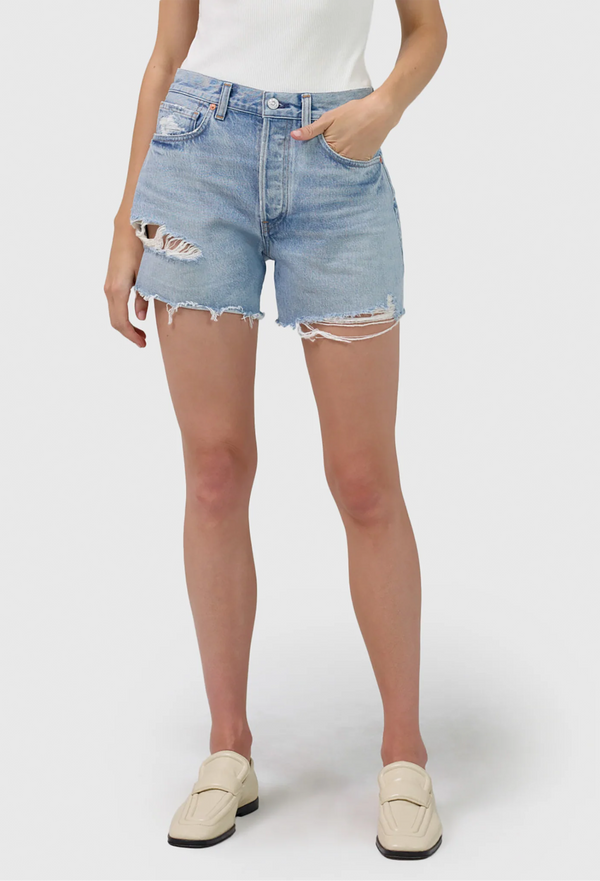 blue jean shorts with a frayed hem and thigh rip. transparent background.