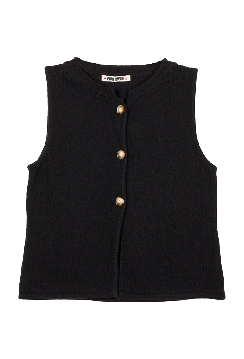 a sleeveless black knit vest with three gold buttons. transparent background.