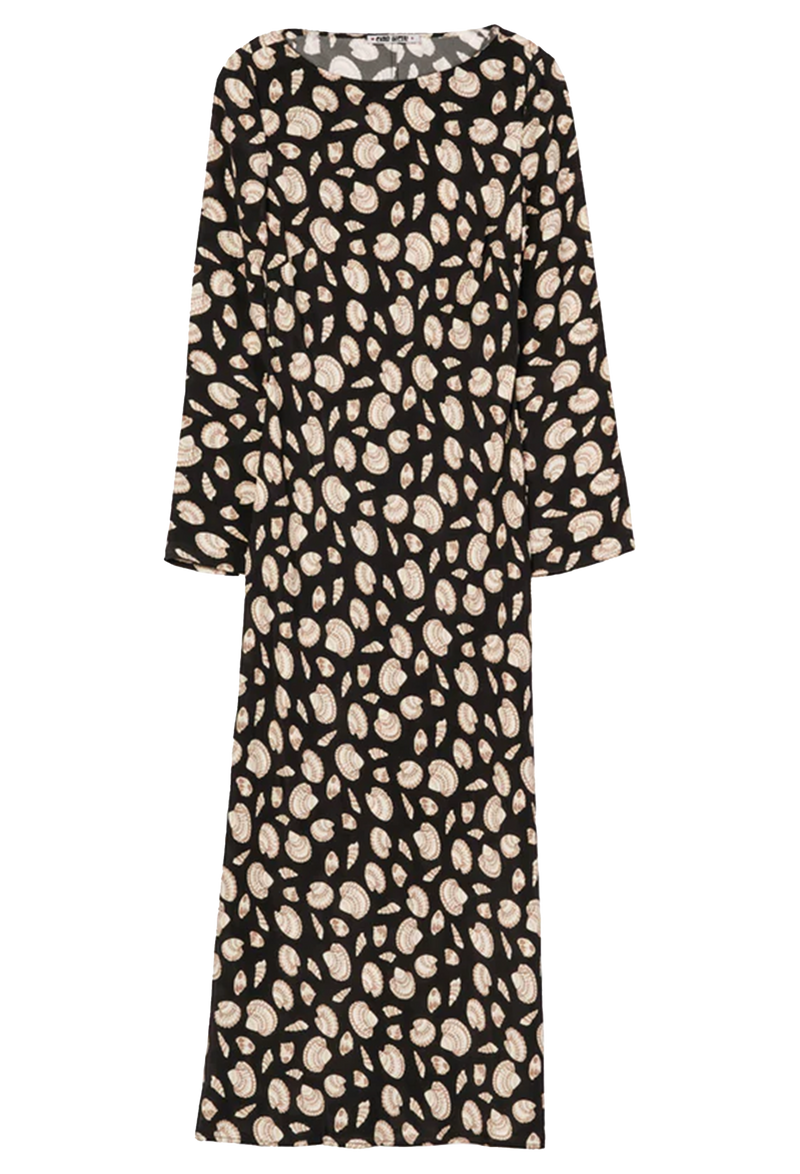 a slim long sleeve black midi dress with an all-over shell print. transparent background.