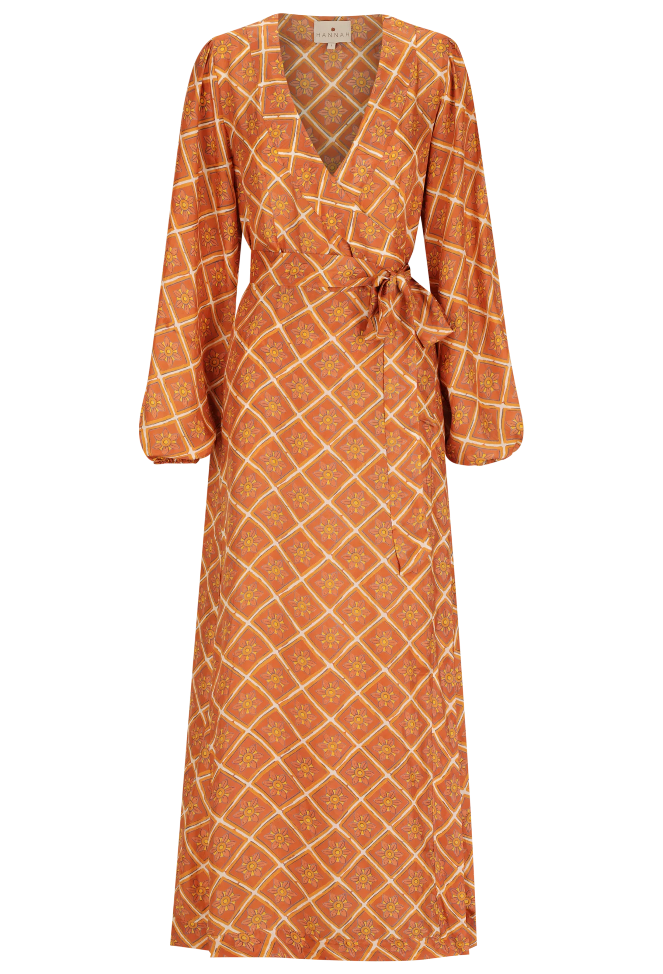 a rust brown maxi long sleeve wrap dress with a geometric sun print. transparent background.