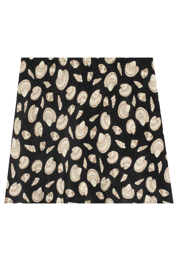 a black stretch waist mini skirt with an all-over shell pattern. transparent background.