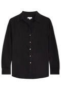 A FLATLAY OF A BLACK LONG SLEEVE LINEN SHIRT WITH A COLLAR AND SHELL BUTTONS UP THE FRONT. TRANSPARENT BACKGROUND. 