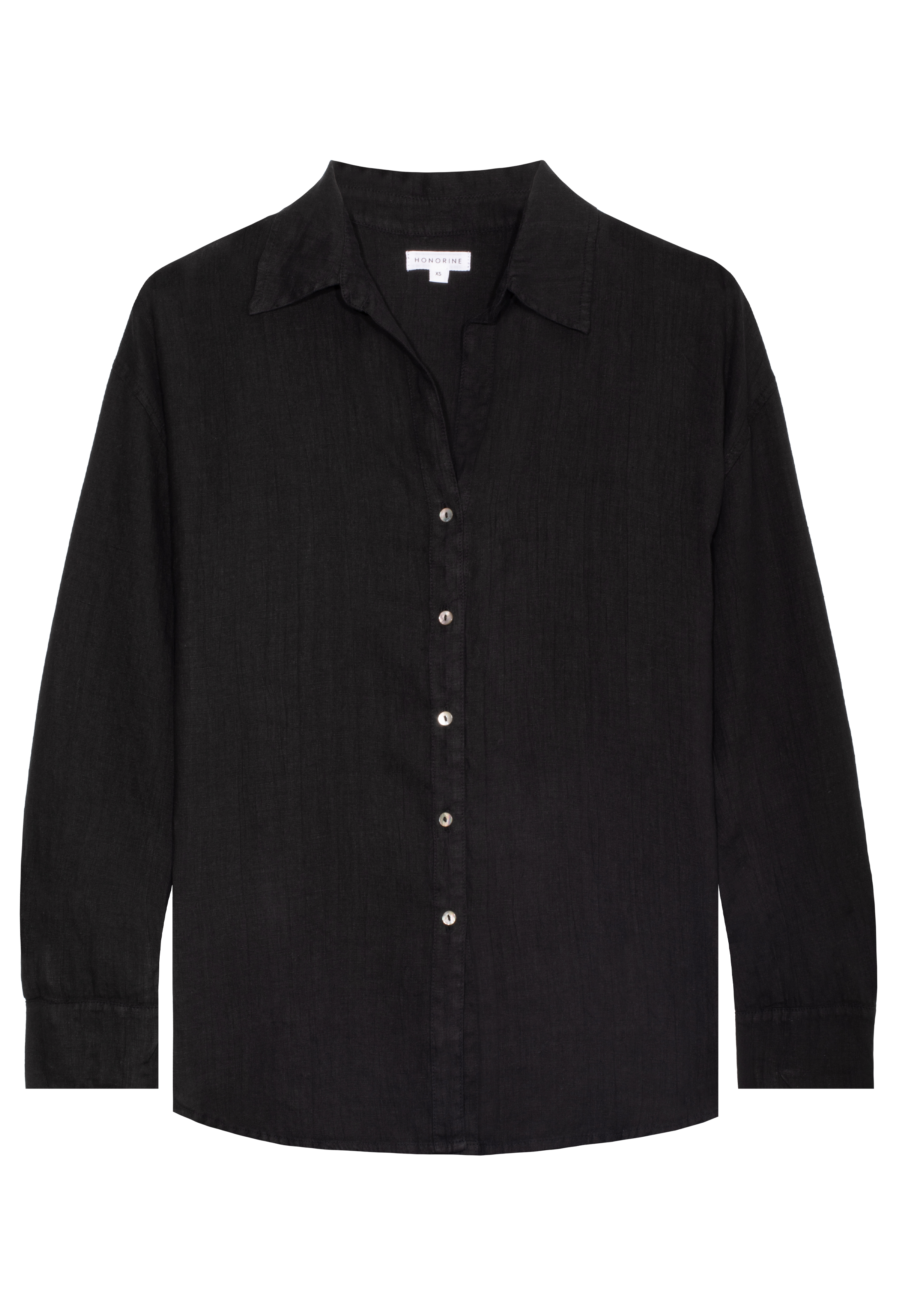 A FLATLAY OF A BLACK LONG SLEEVE LINEN SHIRT WITH A COLLAR AND SHELL BUTTONS UP THE FRONT. TRANSPARENT BACKGROUND. 