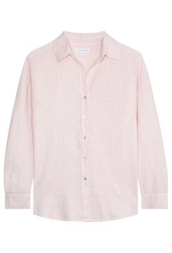 A FLATLAY OF A PINK LONG SLEEVE LINEN SHIRT WITH A COLLAR AND SHELL BUTTONS UP THE FRONT. THE FLATLAY IS UP AGAINST A TRANSPARENT BACKGROUND. 