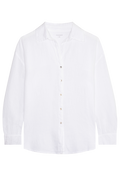 A FLATLAY OF A WHITE LONG SLEEVE LINEN SHIRT WITH A COLLAR AND SHELL BUTTONS UP THE FRONT. TRANSPARENT BACKGROUND. 