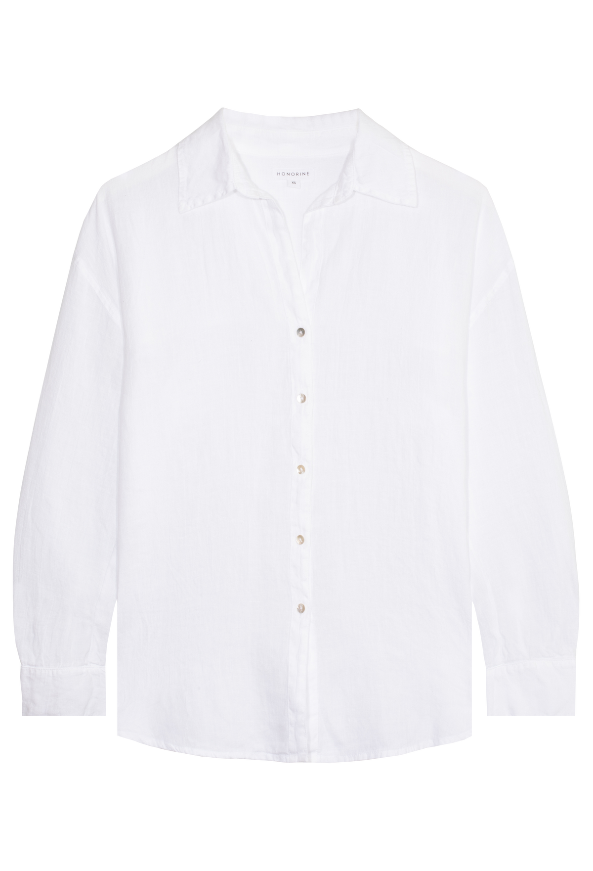 A FLATLAY OF A WHITE LONG SLEEVE LINEN SHIRT WITH A COLLAR AND SHELL BUTTONS UP THE FRONT. TRANSPARENT BACKGROUND. 
