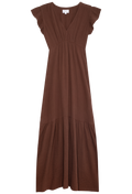 a brown gauze maxi dress with short flutter sleeves and a v-neck with a gathered waist and tiered skirt. transparent background.