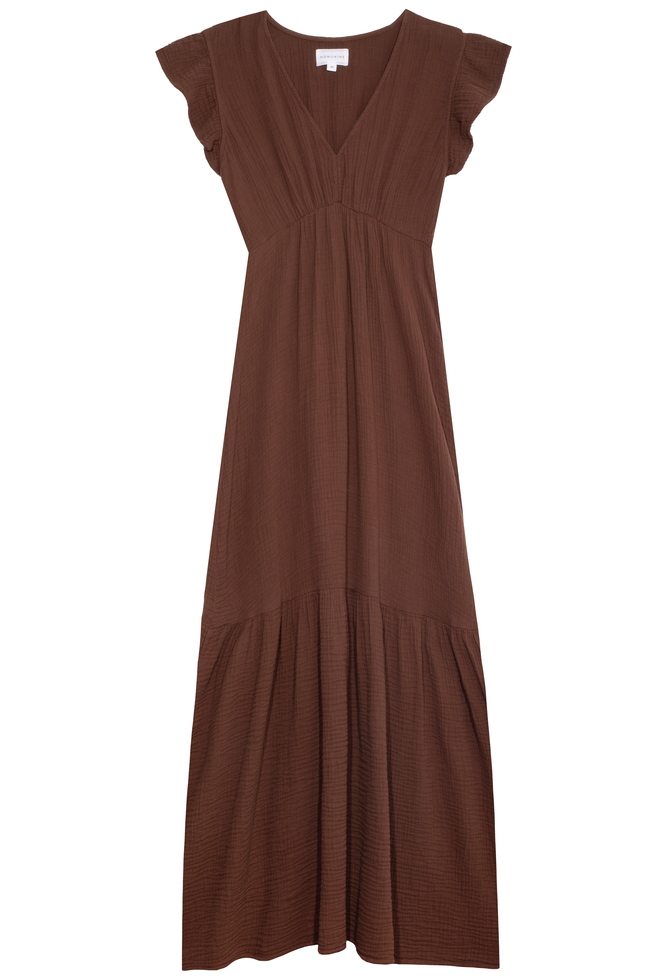 a brown gauze maxi dress with short flutter sleeves and a v-neck with a gathered waist and tiered skirt. transparent background.