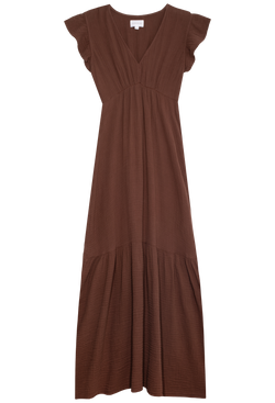a brown gauze maxi dress with short flutter sleeves and a v-neck with a gathered waist and tiered skirt. transparent background.