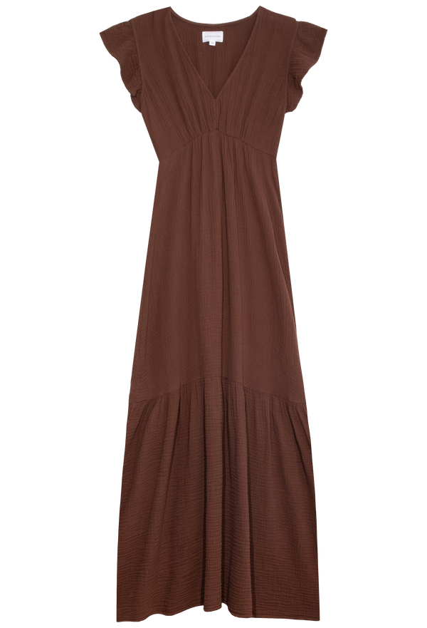 a brown gauze maxi dress with short flutter sleeves and a v-neck with a gathered waist and tiered skirt. transparent background.