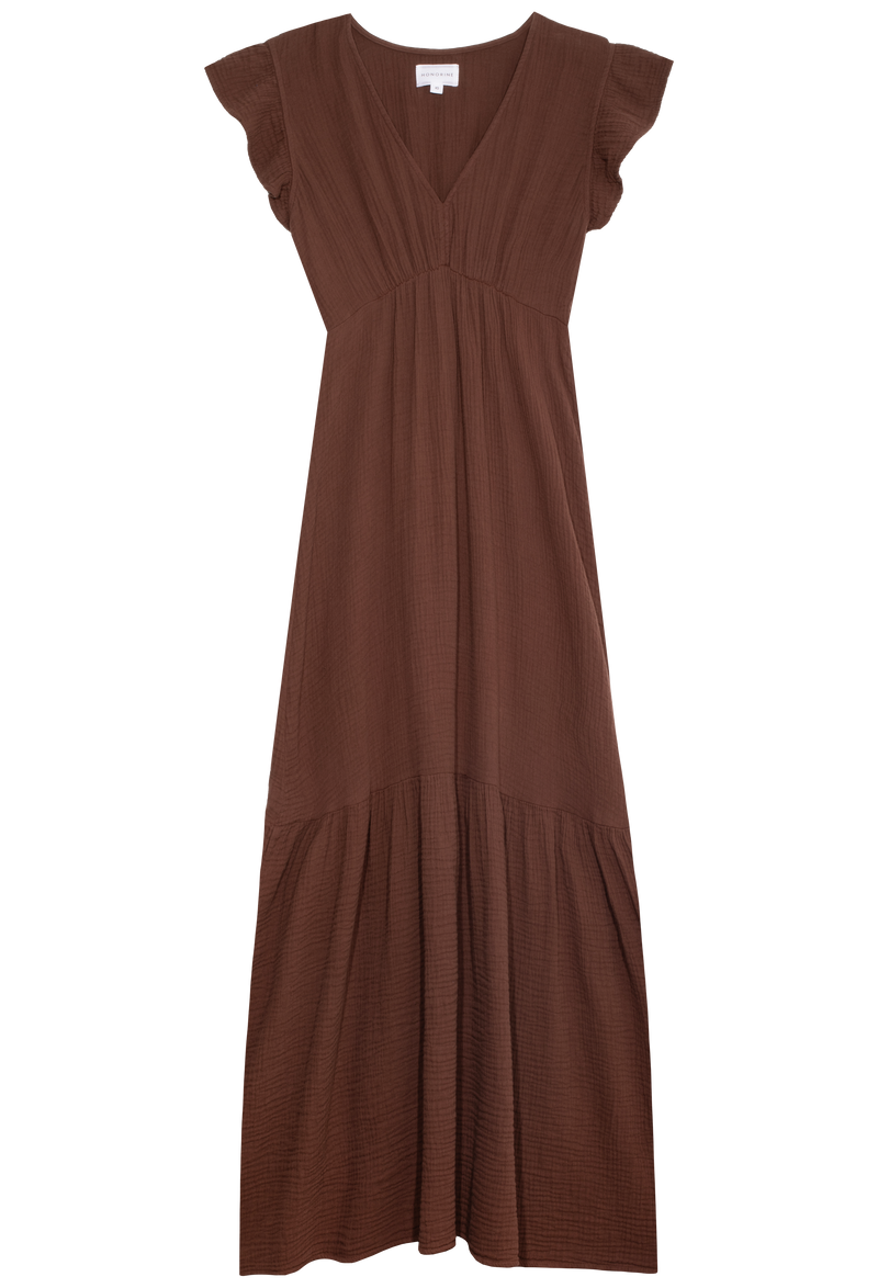 a brown gauze maxi dress with short flutter sleeves and a v-neck with a gathered waist and tiered skirt. transparent background.