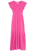 a hot pink gauze maxi dress with short flutter sleeves and a v-neck with a gathered waist and tiered skirt. transparent background.