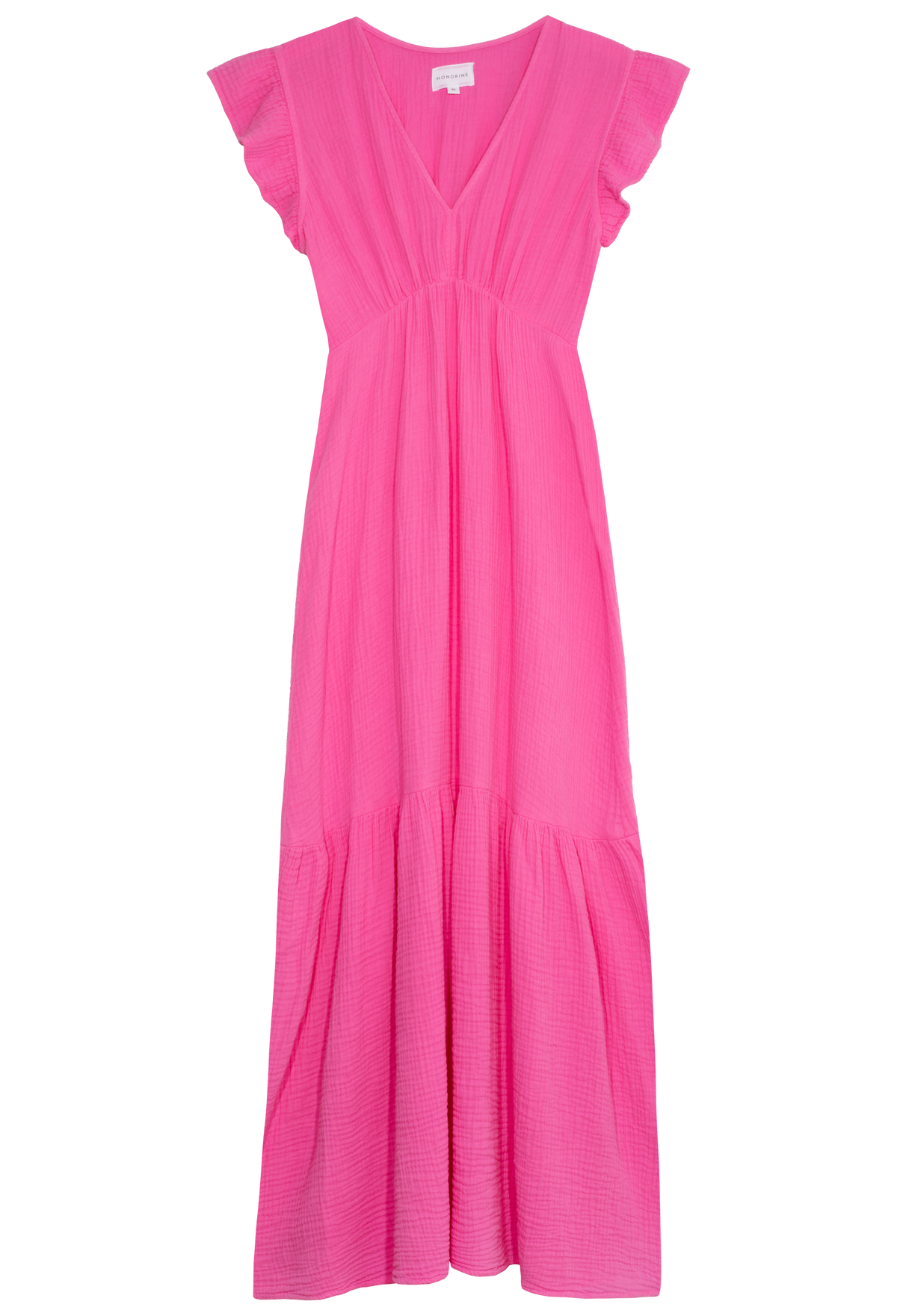 a hot pink gauze maxi dress with short flutter sleeves and a v-neck with a gathered waist and tiered skirt. transparent background.
